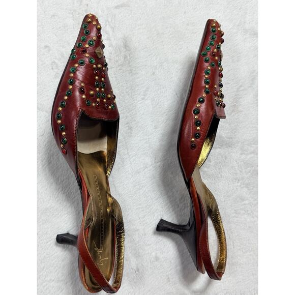 Vtg Giuseppe Zanotti Vicini Jeweled Red Leather Slingback Heels Italy 7B Medium - Picture 14 of 16